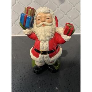 Vintage Hollow Plaster Santa Figure Holding Presents 7 Inches